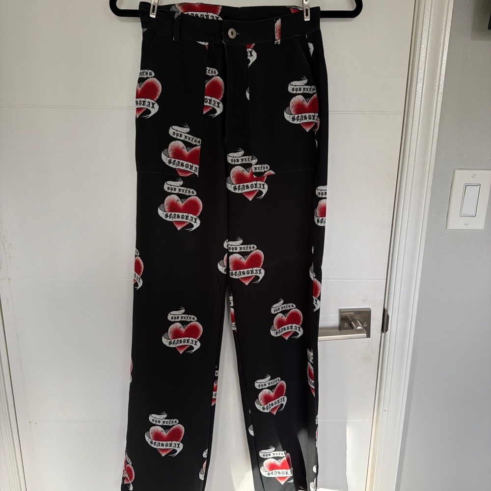 Black Pants with Red Heart Print